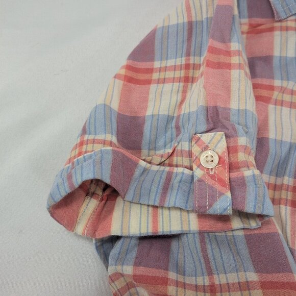Woolrich Plaid Short Sleeve Blouse Button Up Shirt Collar Pink Blue Women's XS - Picture 7 of 13
